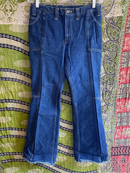 Lee Leens Pants - Rare Lee Leens Vintage 1970's Indigo Wash Denim Country Flared Jeans Size 30x32